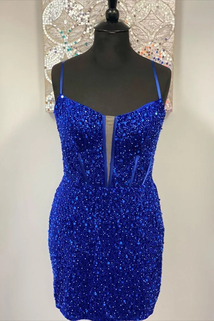 Straps Royal Blue Homecoming Dress Sequins Bodycon Homecoming Dresses