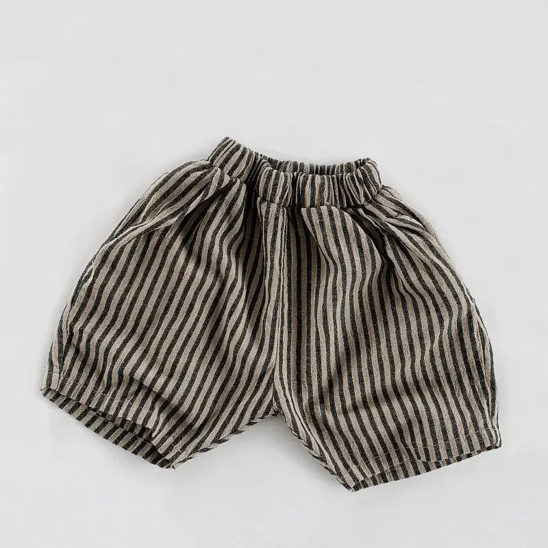 Summer Children Shorts 1-8Y Boy Cotton Linen Striped Pants Casual Loose Korean Short Trousers Toddler Wear Kids Clothes 2024 New