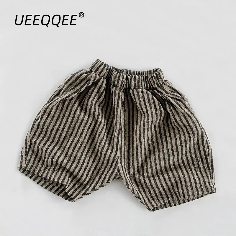 Summer Children Shorts 1-8Y Boy Cotton Linen Striped Pants Casual Loose Korean Short Trousers Toddler Wear Kids Clothes 2024 New