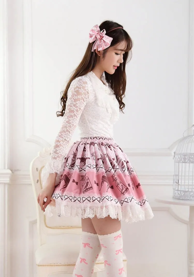 Sweet Bird in Cage Printed Lolita Pleated Lace Skirt Elastic Waist Short Skirt