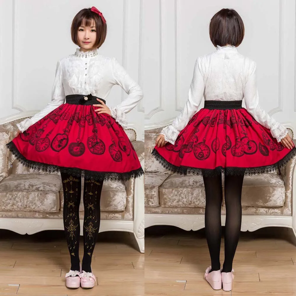 Sweet Mori Girl Deep Red Pocket Watch Printed Short Skirt for Summer