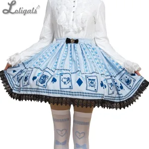 Sweet Mori Girl Light Sky Blue Poker Card Printed Short Skirt for Summer