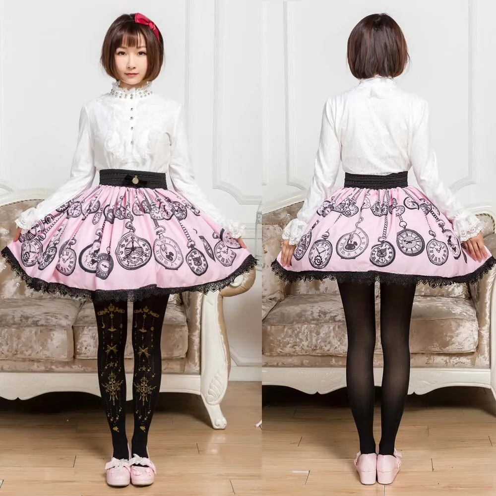 Sweet Mori Girl Pink Pocket Watch Printed Short Skirt for Summer