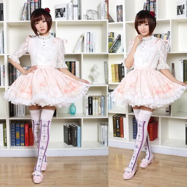 Sweet Short Skirt Pink Lilyand Butterfly Printed Lady's Lolita Skirt with Lace Trimming