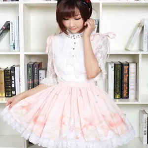 Sweet Short Skirt Pink Lilyand Butterfly Printed Lady's Lolita Skirt with Lace Trimming