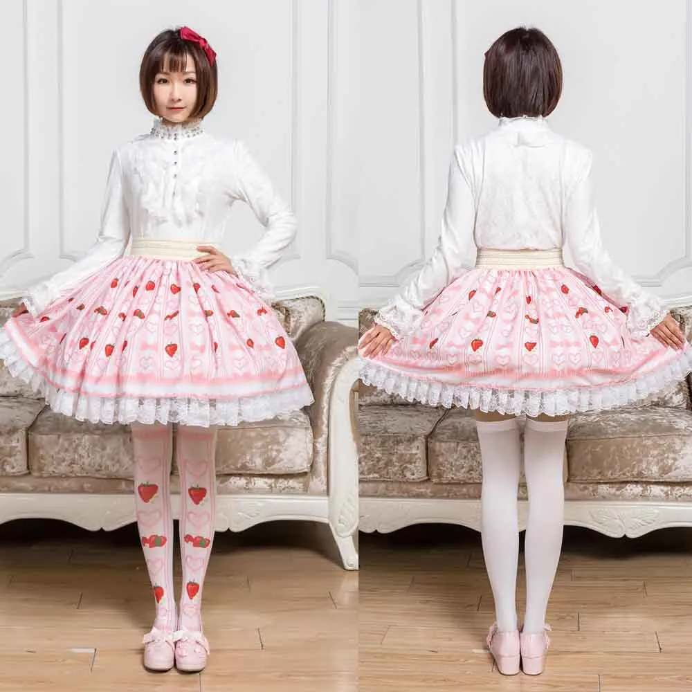 Sweet Strawberry and Heart Printed Short Skirt Cute Mori Girl A line Skirt