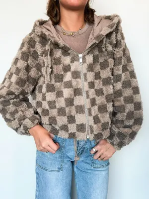 Teddy Checkered Fur Hoodie- Mocha