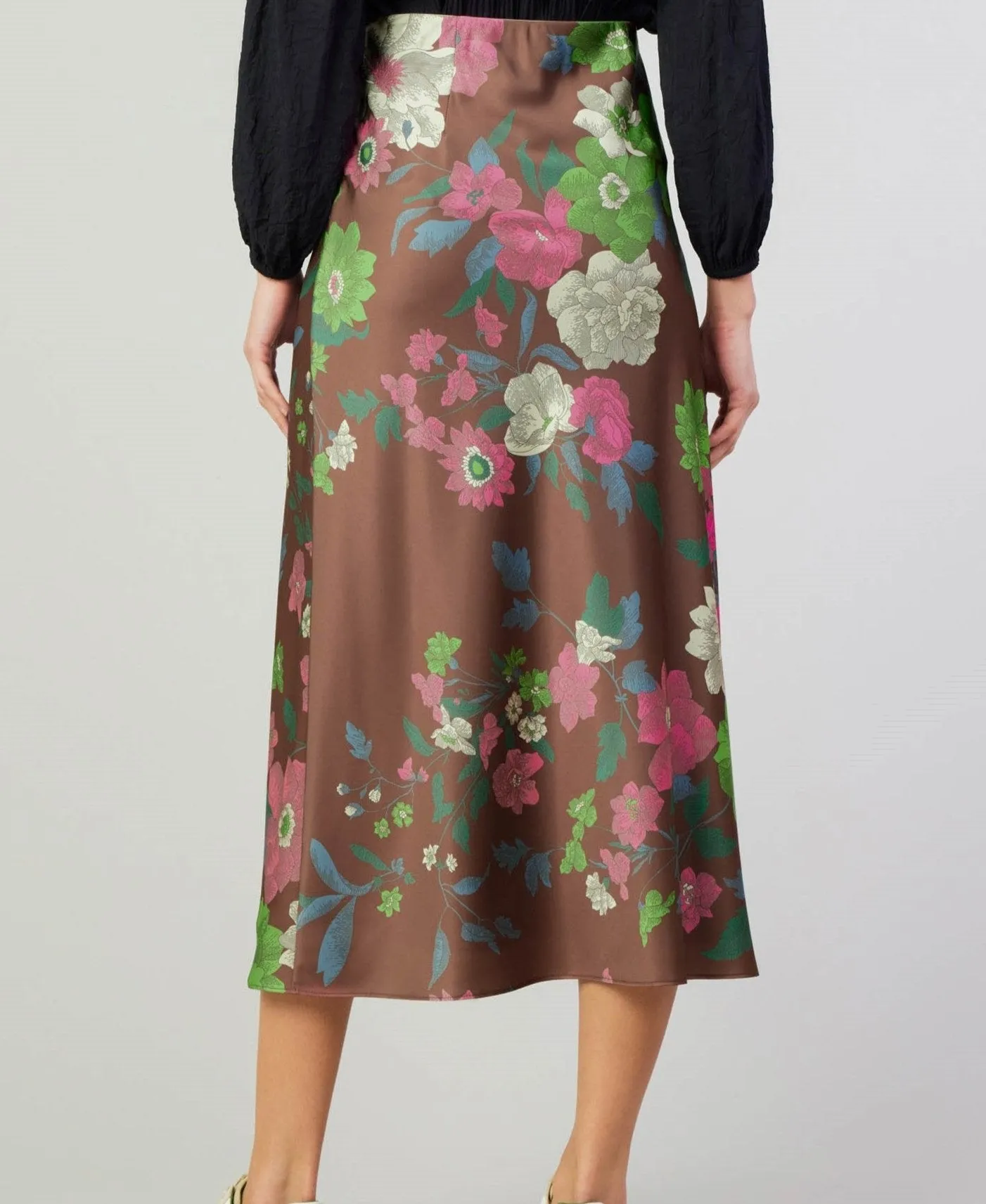 The Satin Floral Midi Skirt in Mocha