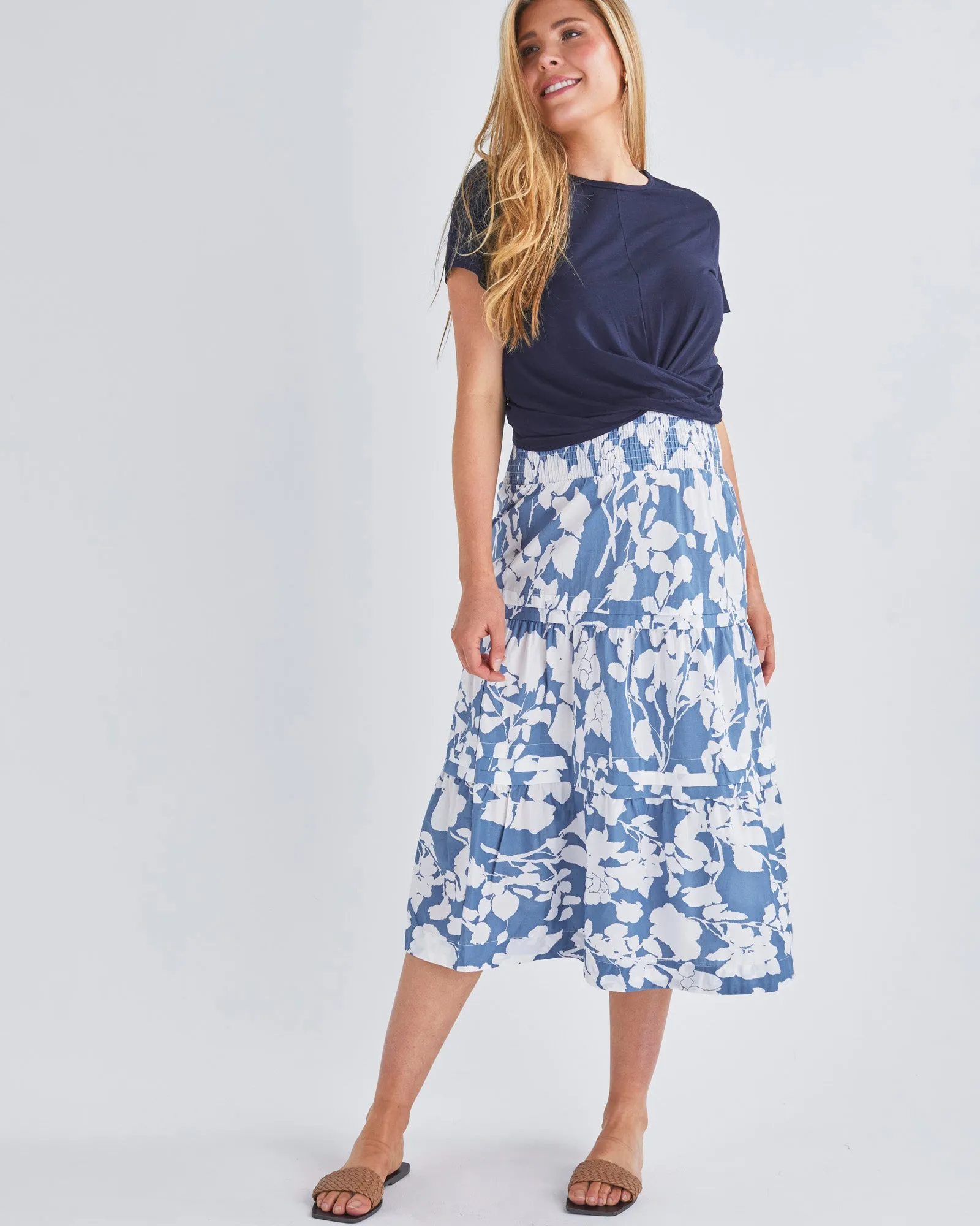 Tracy Maternity Tiered Midi Skirt in Blue Floral