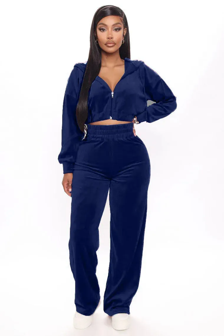 Trendy Velvet Two Piece Hoodie Crop Jacket  And Joggers Pants Set