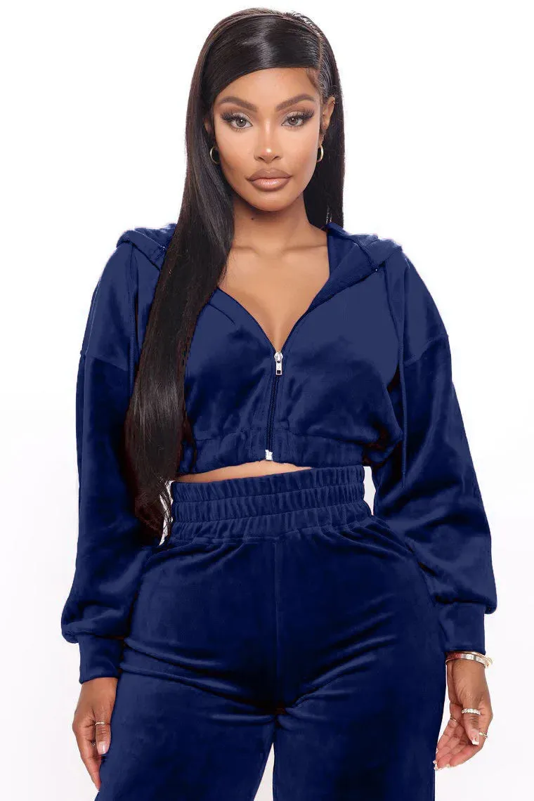 Trendy Velvet Two Piece Hoodie Crop Jacket  And Joggers Pants Set