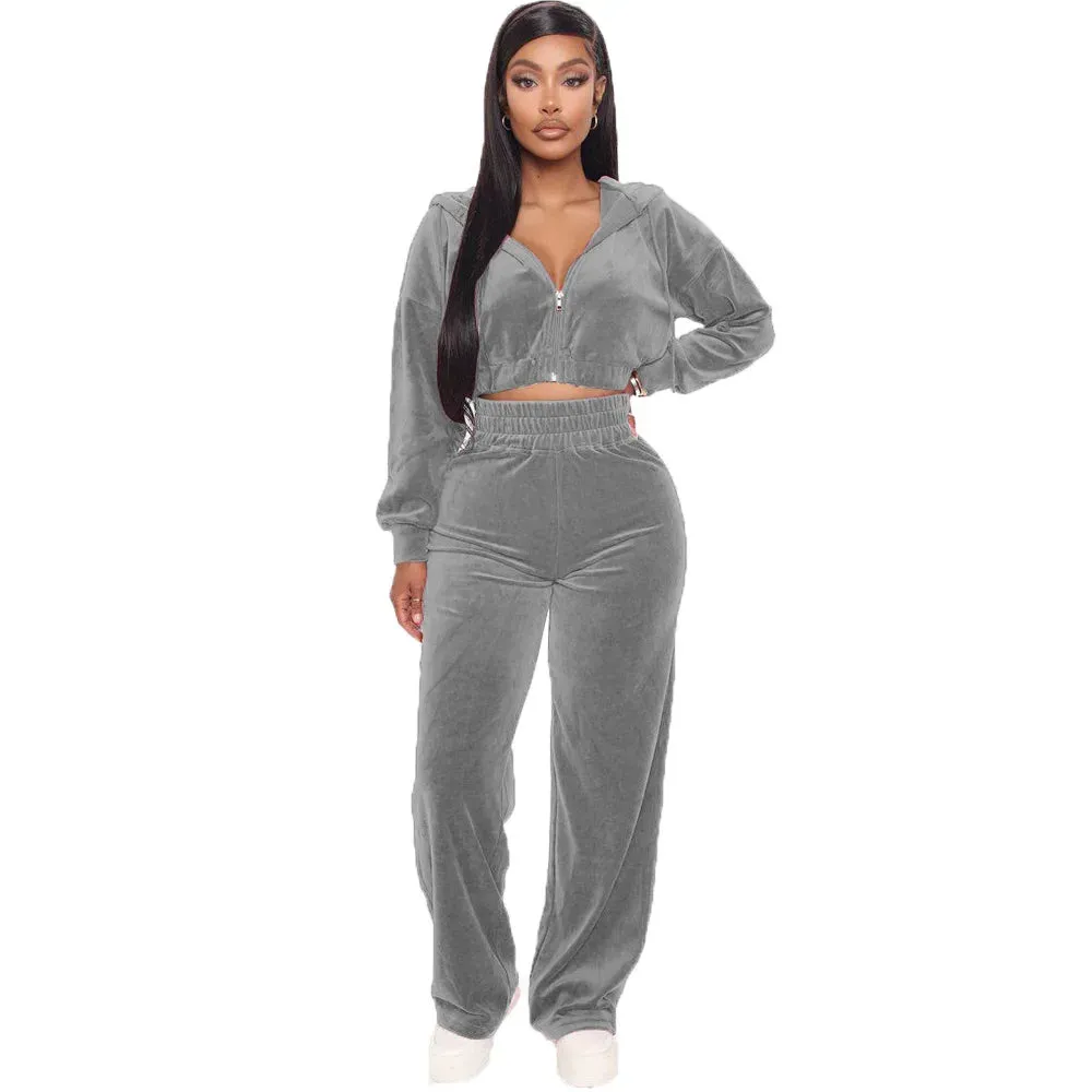 Trendy Velvet Two Piece Hoodie Crop Jacket  And Joggers Pants Set