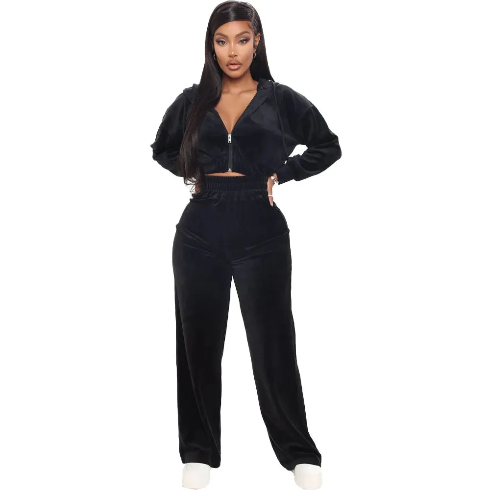 Trendy Velvet Two Piece Hoodie Crop Jacket  And Joggers Pants Set