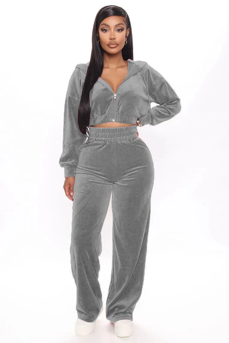 Trendy Velvet Two Piece Hoodie Crop Jacket  And Joggers Pants Set