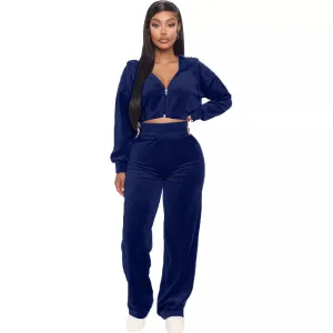 Trendy Velvet Two Piece Hoodie Crop Jacket  And Joggers Pants Set