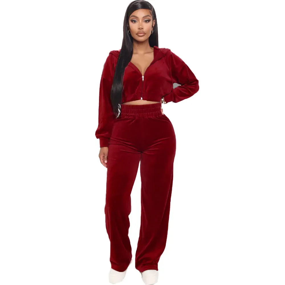 Trendy Velvet Two Piece Hoodie Crop Jacket  And Joggers Pants Set