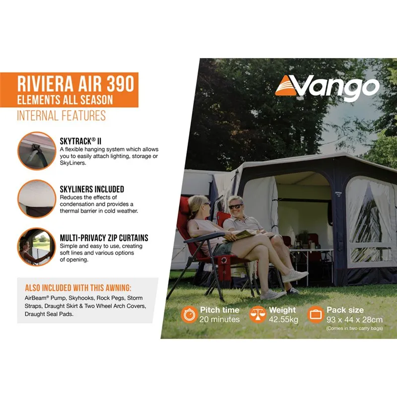 Vango Riviera Air Awning 390 Elements TC Package With Free Tall Annex Elements TC - Riviera, Caravan Awning Side Canopy and    CP225 - Breathable Fitted Carpet - Riviera 390