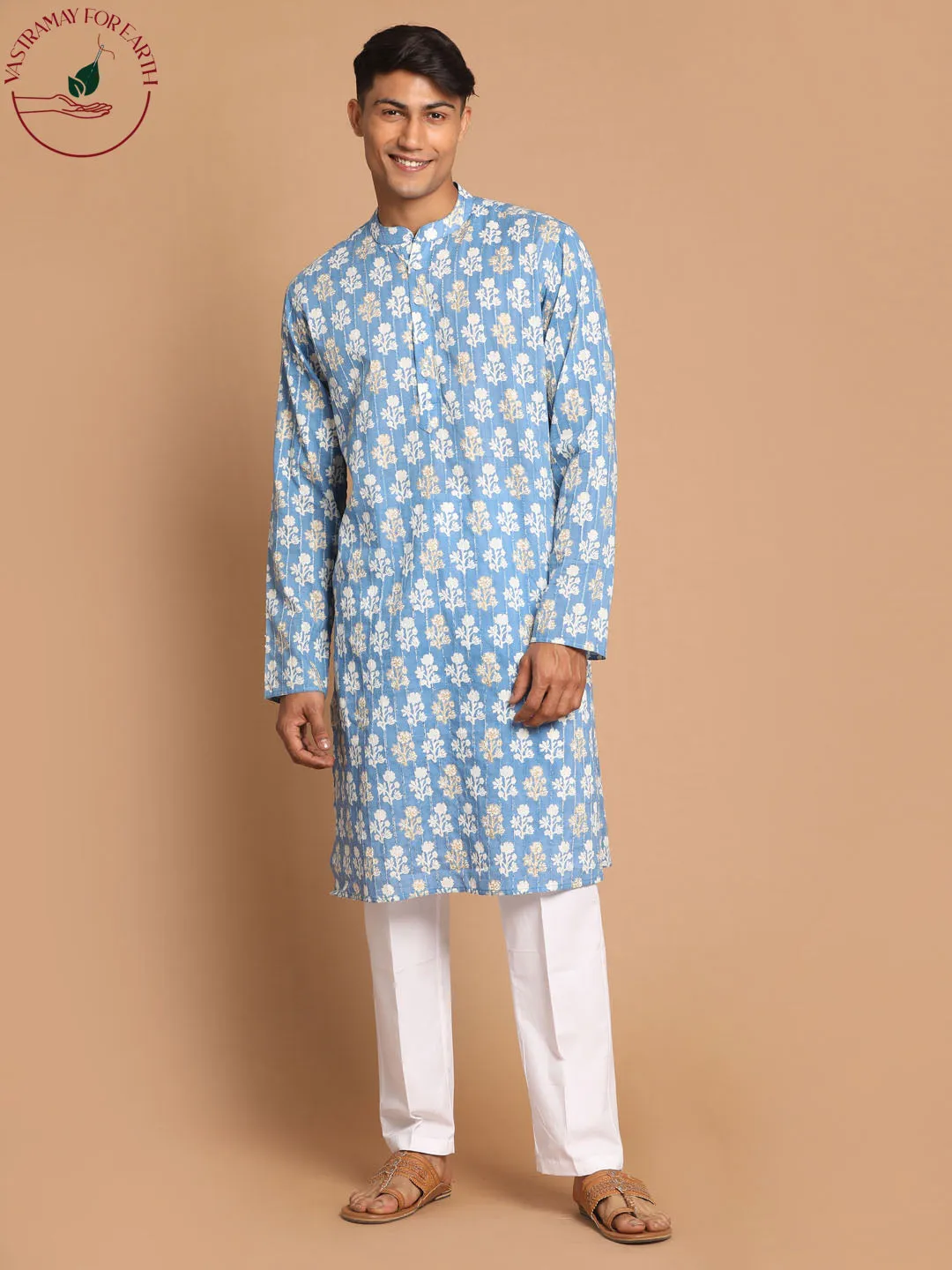 Vastramay Blue Striped Sequined Kurta And Pant