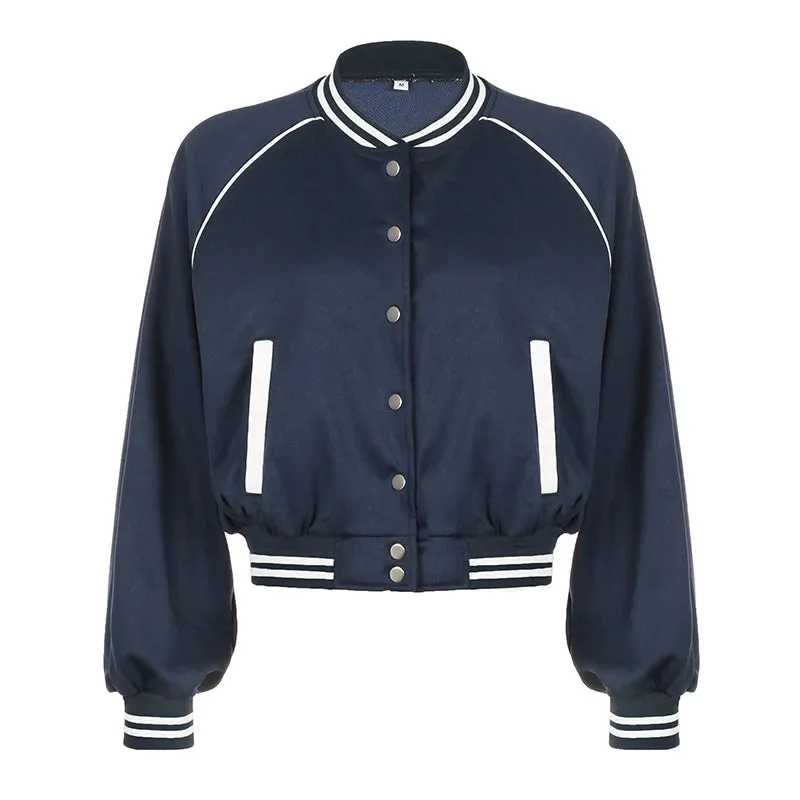 Vintage Stripe Stand Collar Baseball Jacket Women Varsity College Autumn Coat Buttons Up Fashion Outwear Jackets