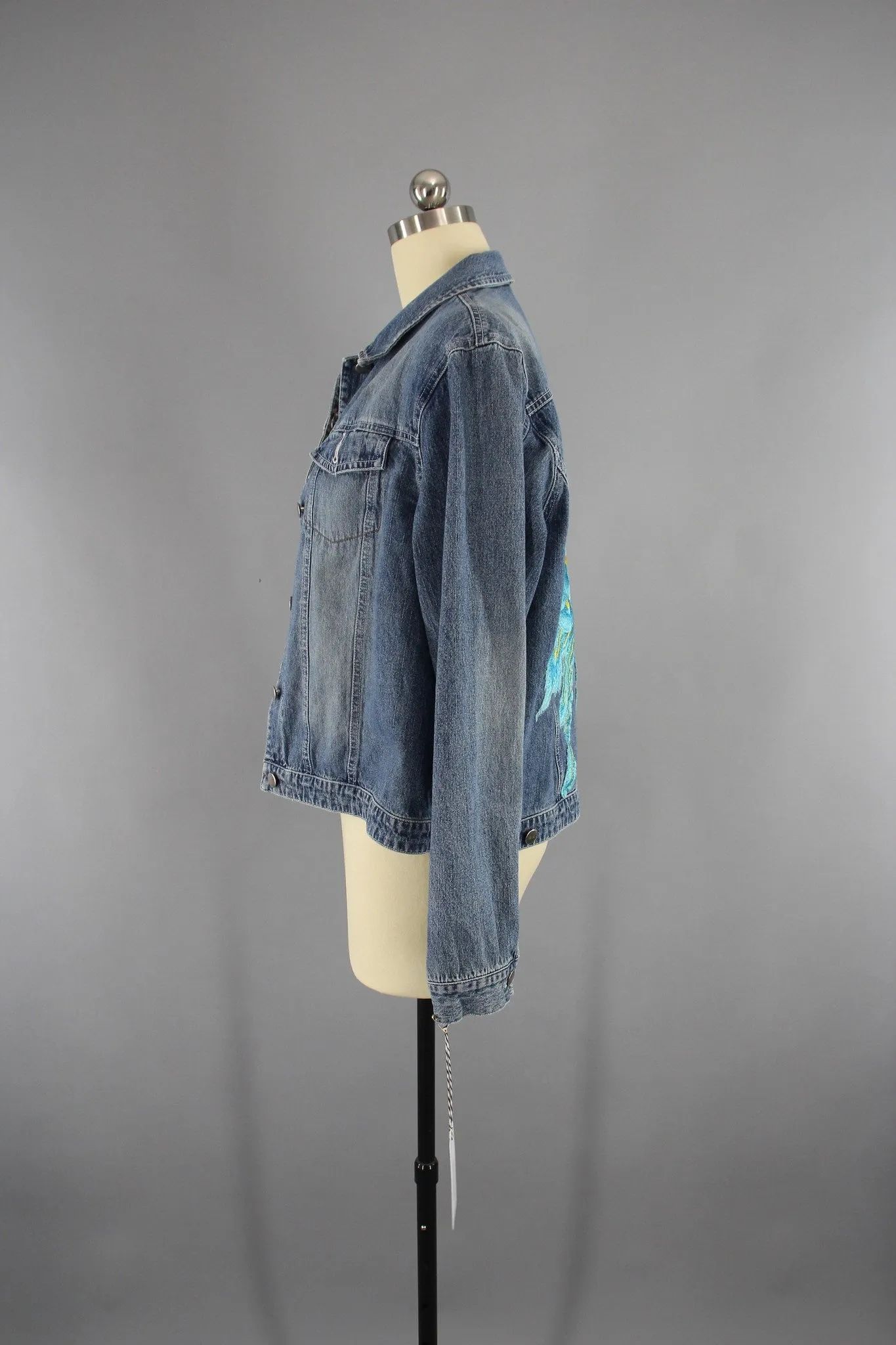 Vintage Style Denim Jacket with Aqua Blue Peacock Embroidery