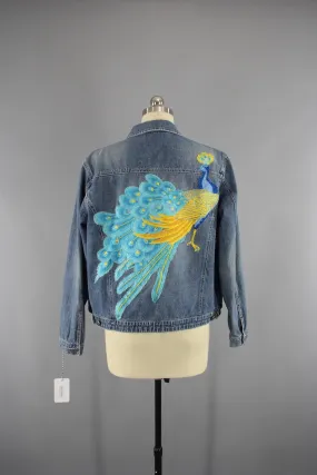 Vintage Style Denim Jacket with Aqua Blue Peacock Embroidery