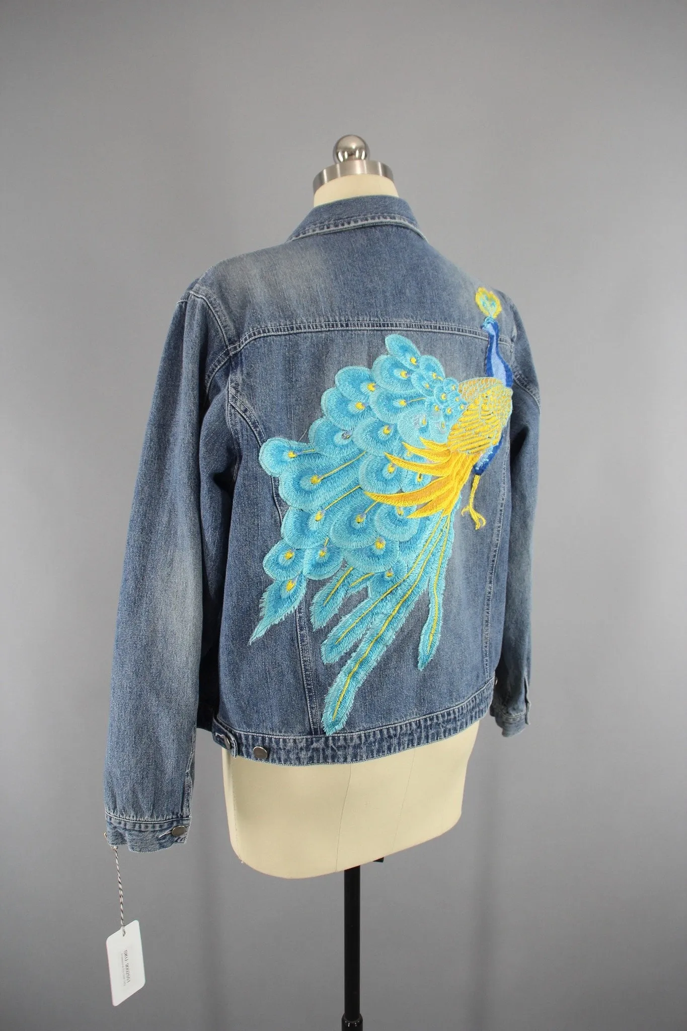 Vintage Style Denim Jacket with Aqua Blue Peacock Embroidery