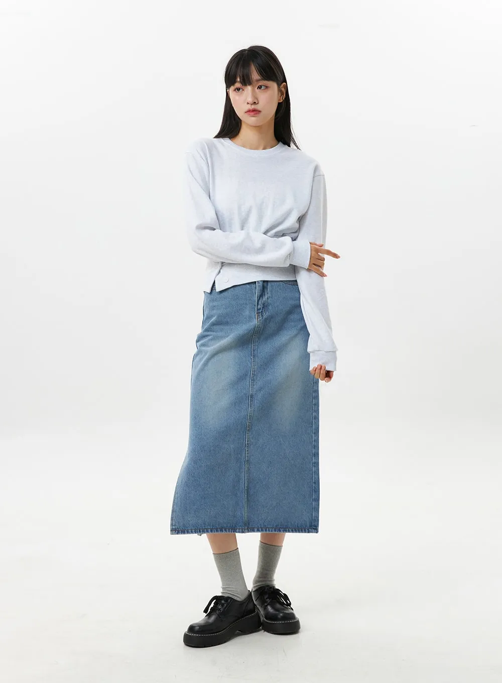 Washed Denim Midi Skirt OS305