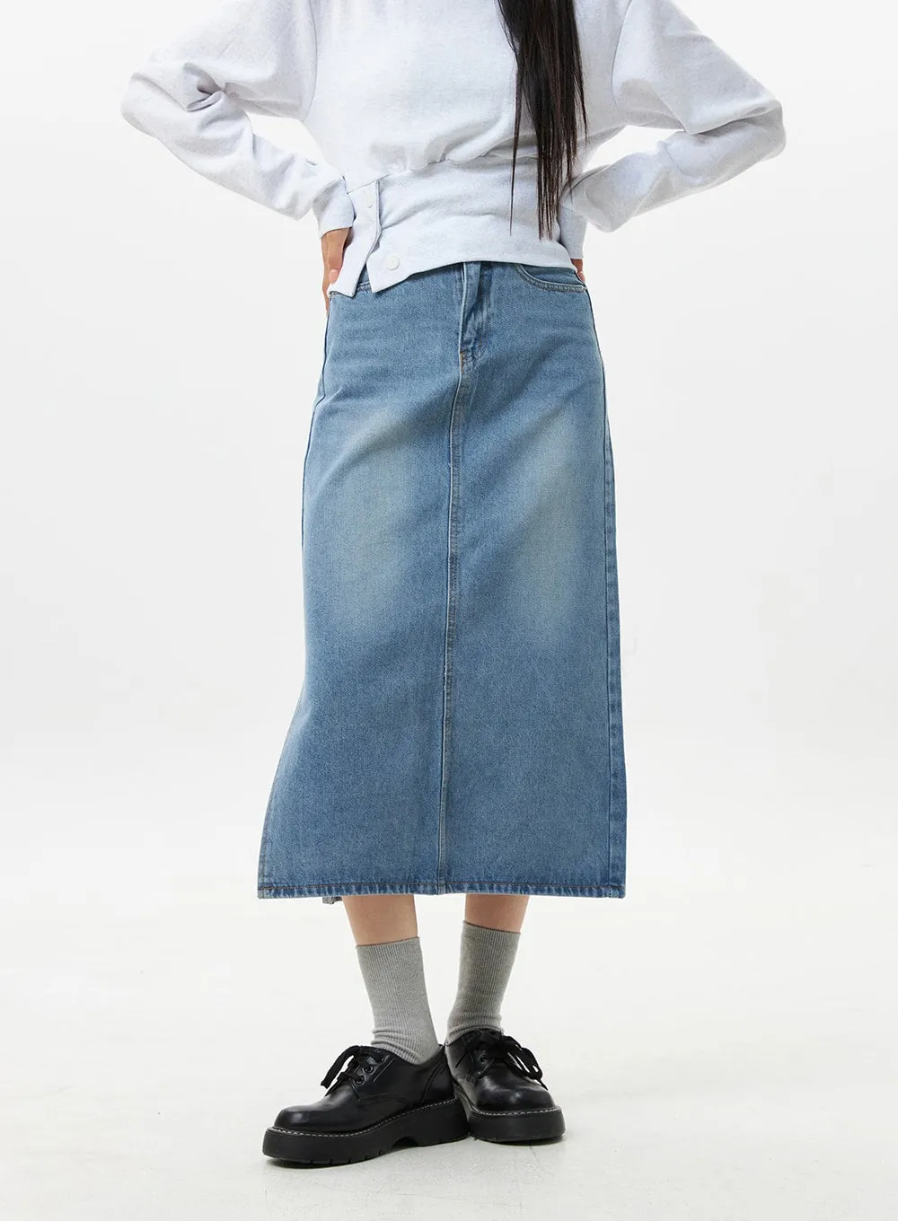 Washed Denim Midi Skirt OS305