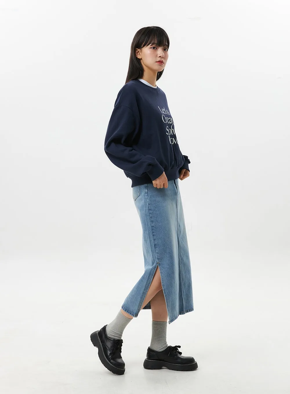 Washed Denim Midi Skirt OS305