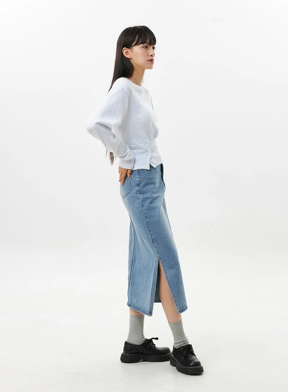 Washed Denim Midi Skirt OS305