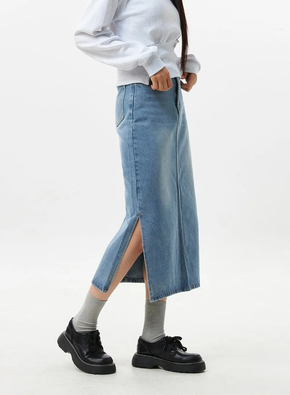 Washed Denim Midi Skirt OS305