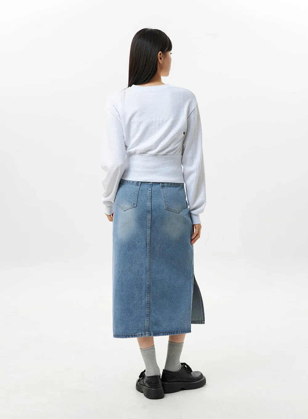 Washed Denim Midi Skirt OS305