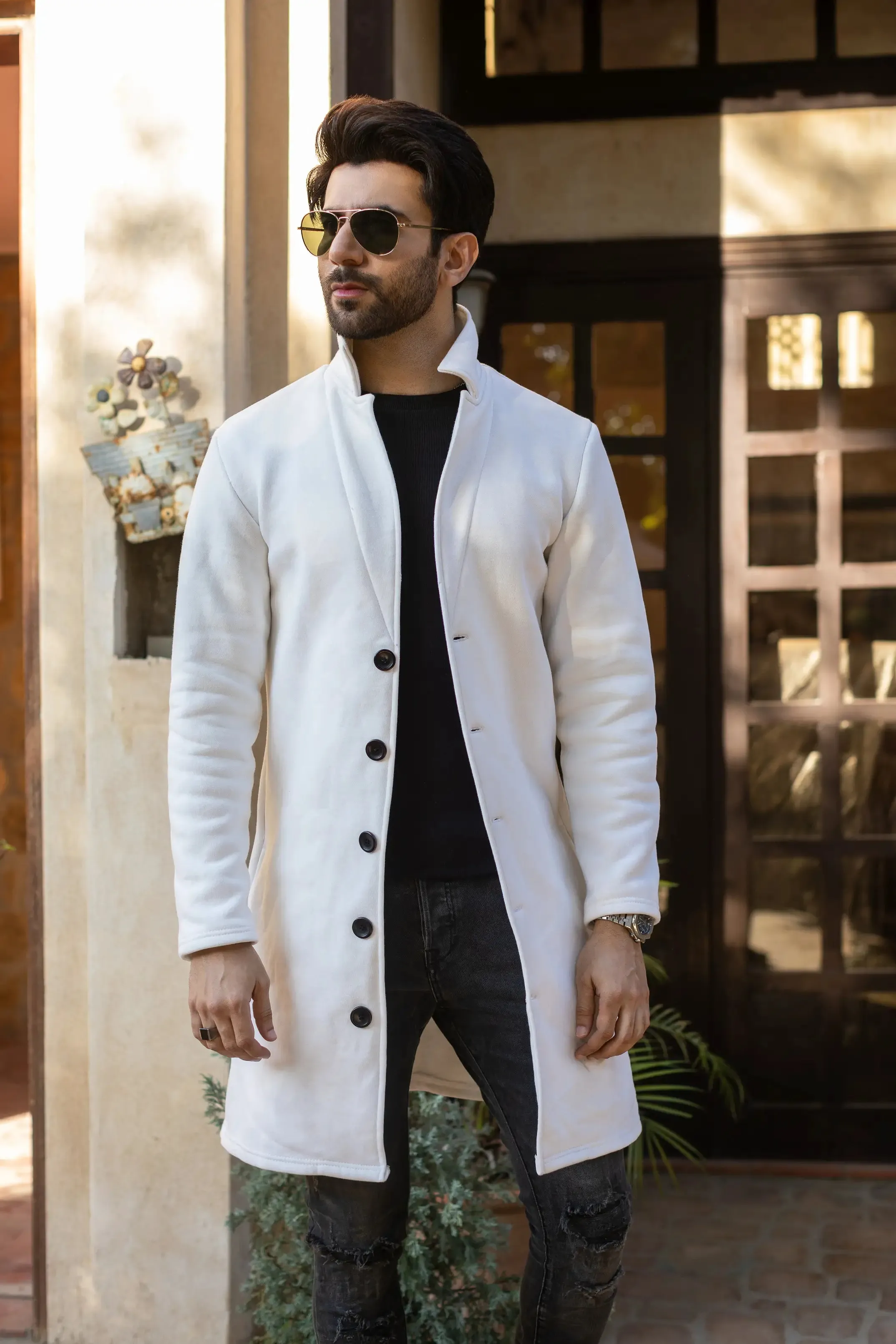 White Men's Long Coat Winter warm