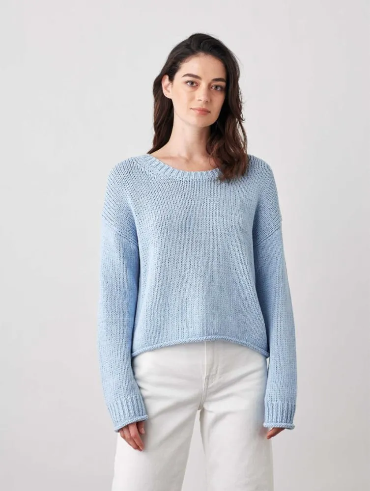 White   Warren - Italian Recycled Cotton Tape Cropped Crewneck in Clear Blue