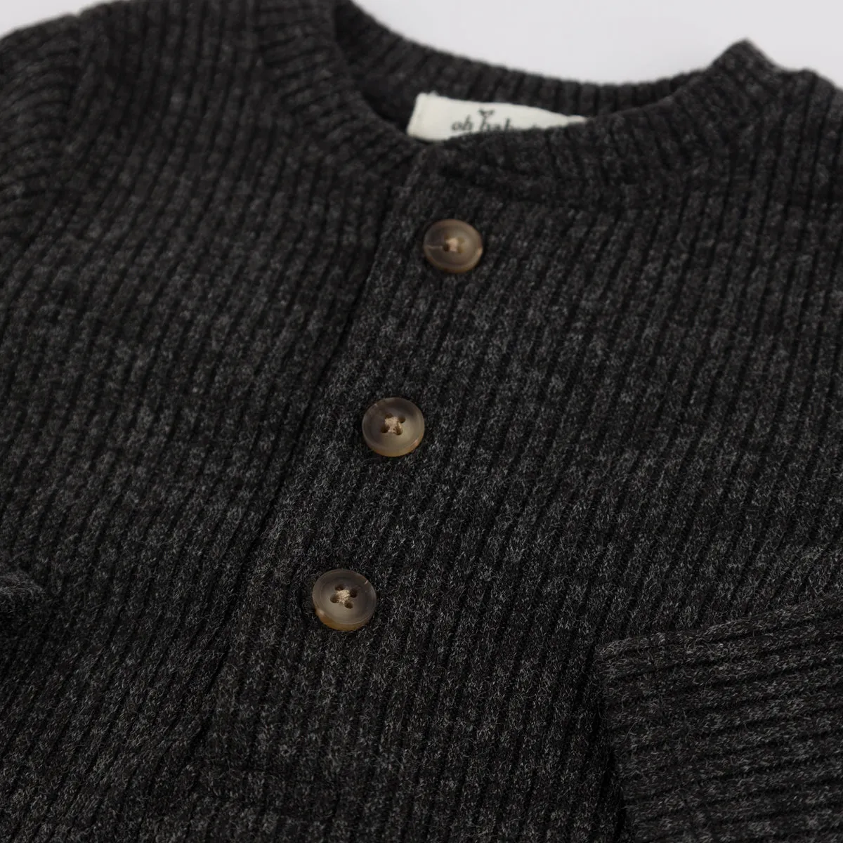 Wide Rib Fuzzy Sweater Knit Elbow Patch Henley- Charcoal Pepper