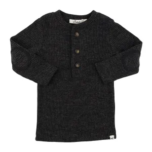 Wide Rib Fuzzy Sweater Knit Elbow Patch Henley- Charcoal Pepper