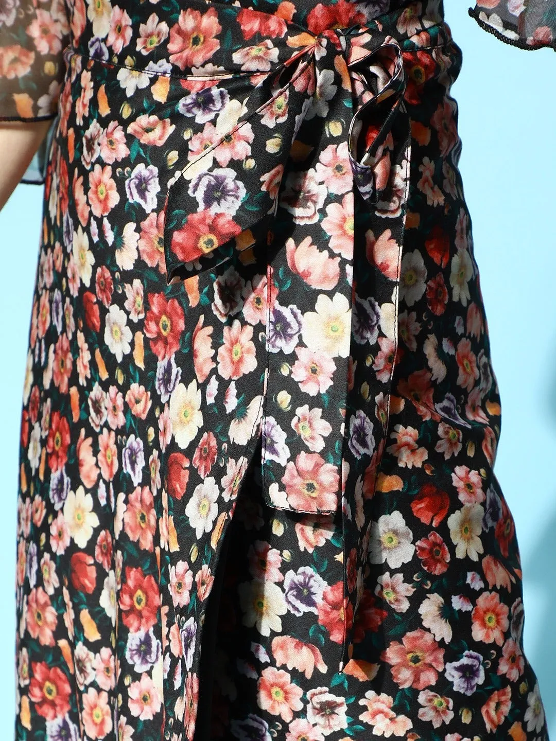 Women Black Ditsy Floral Wrap Skirt