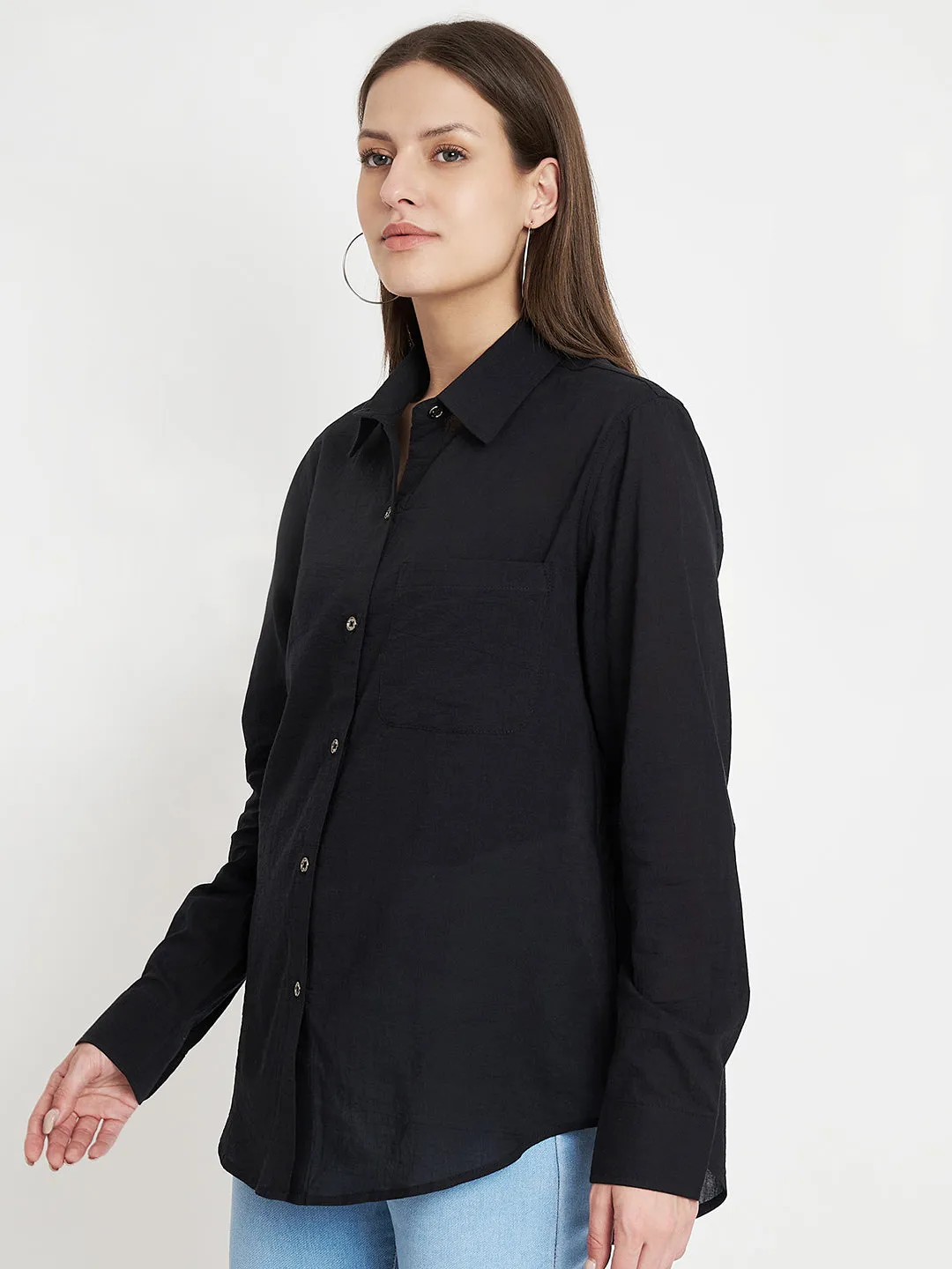 Women Classic Pure Cotton Black Formal Shirt