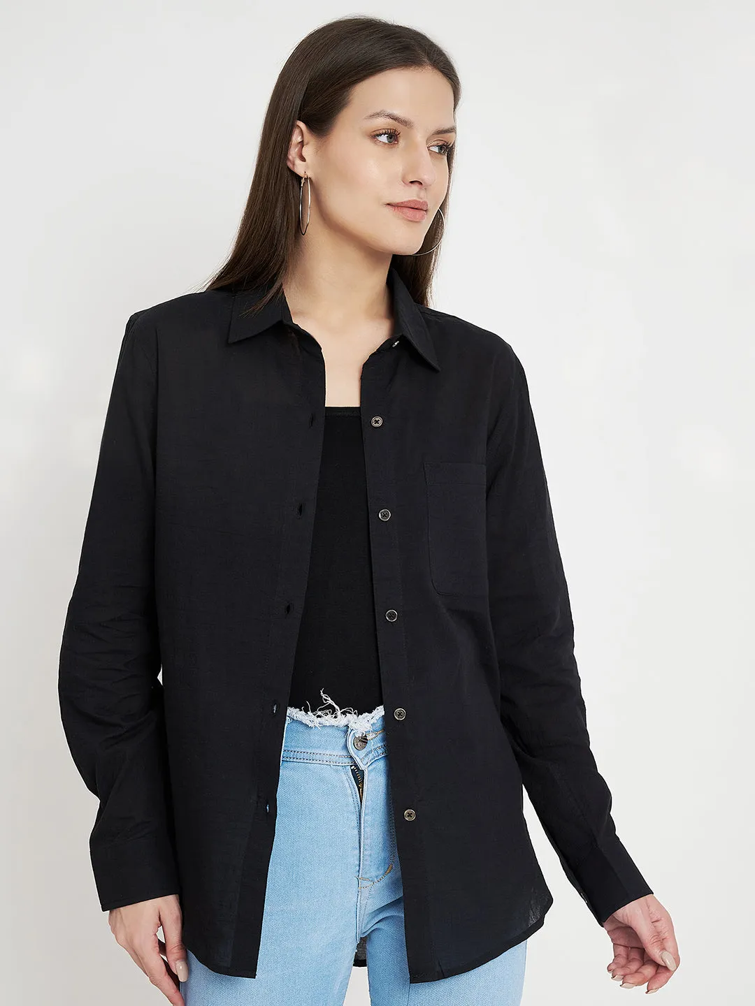 Women Classic Pure Cotton Black Formal Shirt