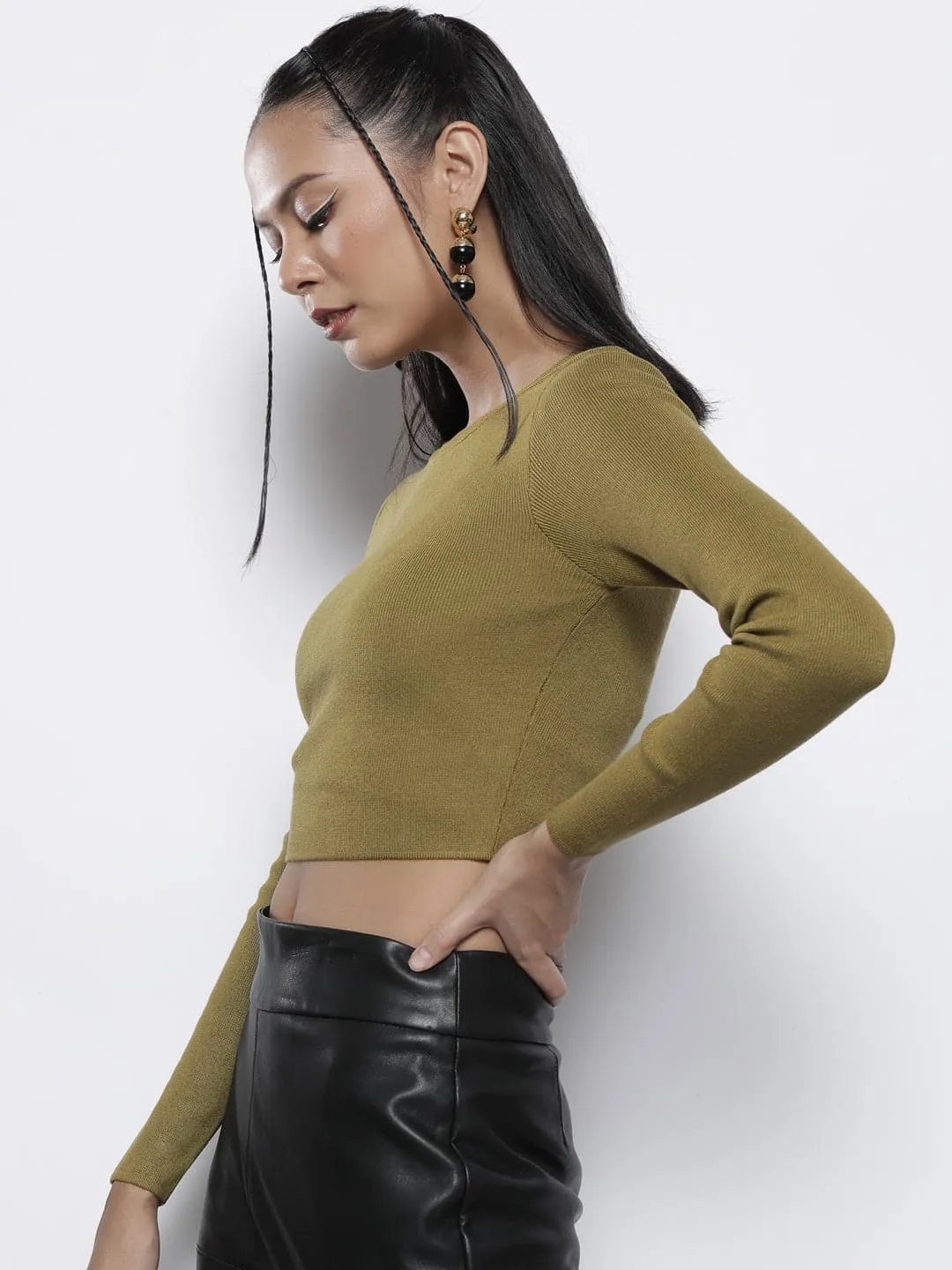 Women Olive Rib Round Neck Full Sleeves Crop Sweater