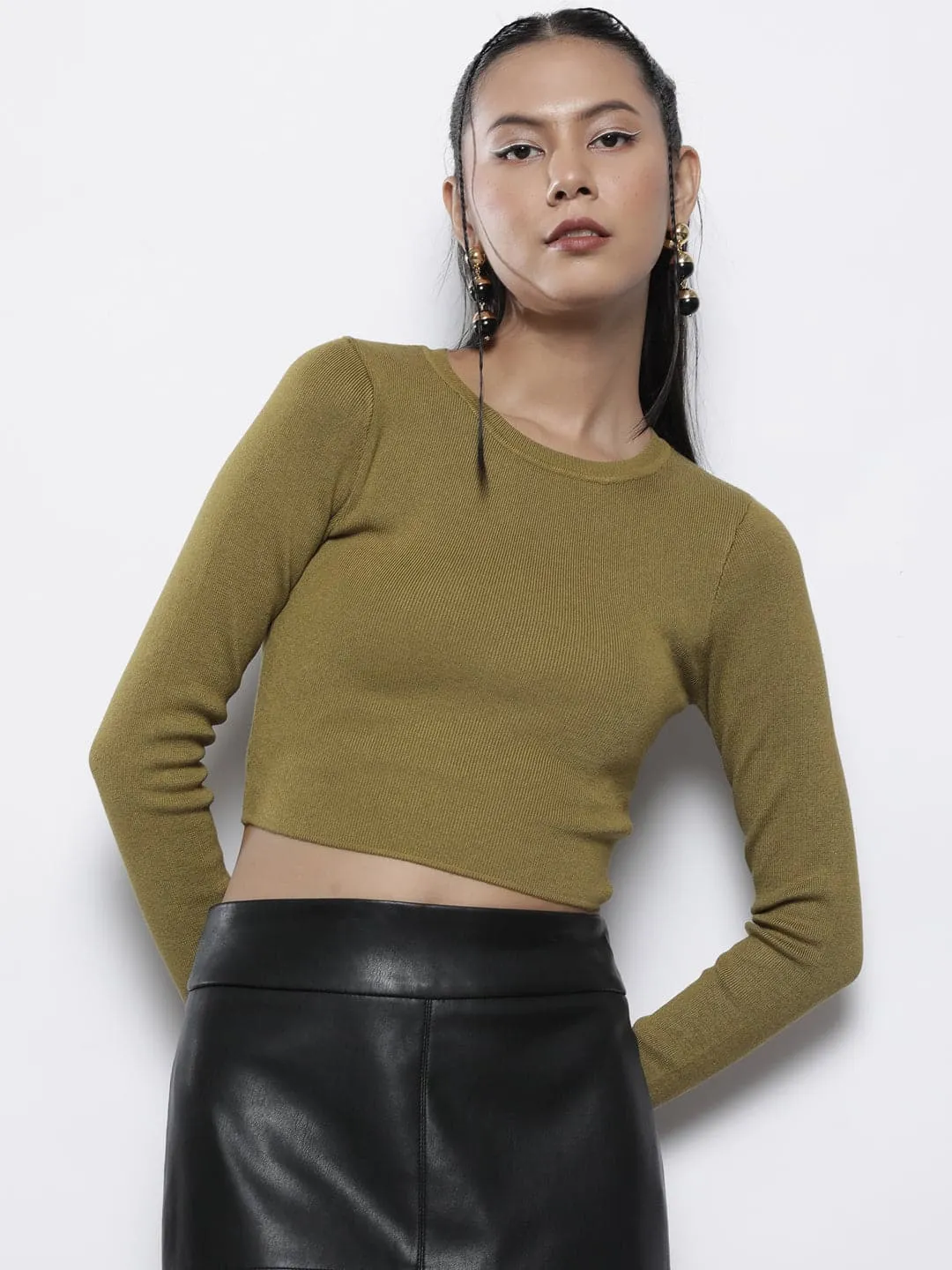 Women Olive Rib Round Neck Full Sleeves Crop Sweater