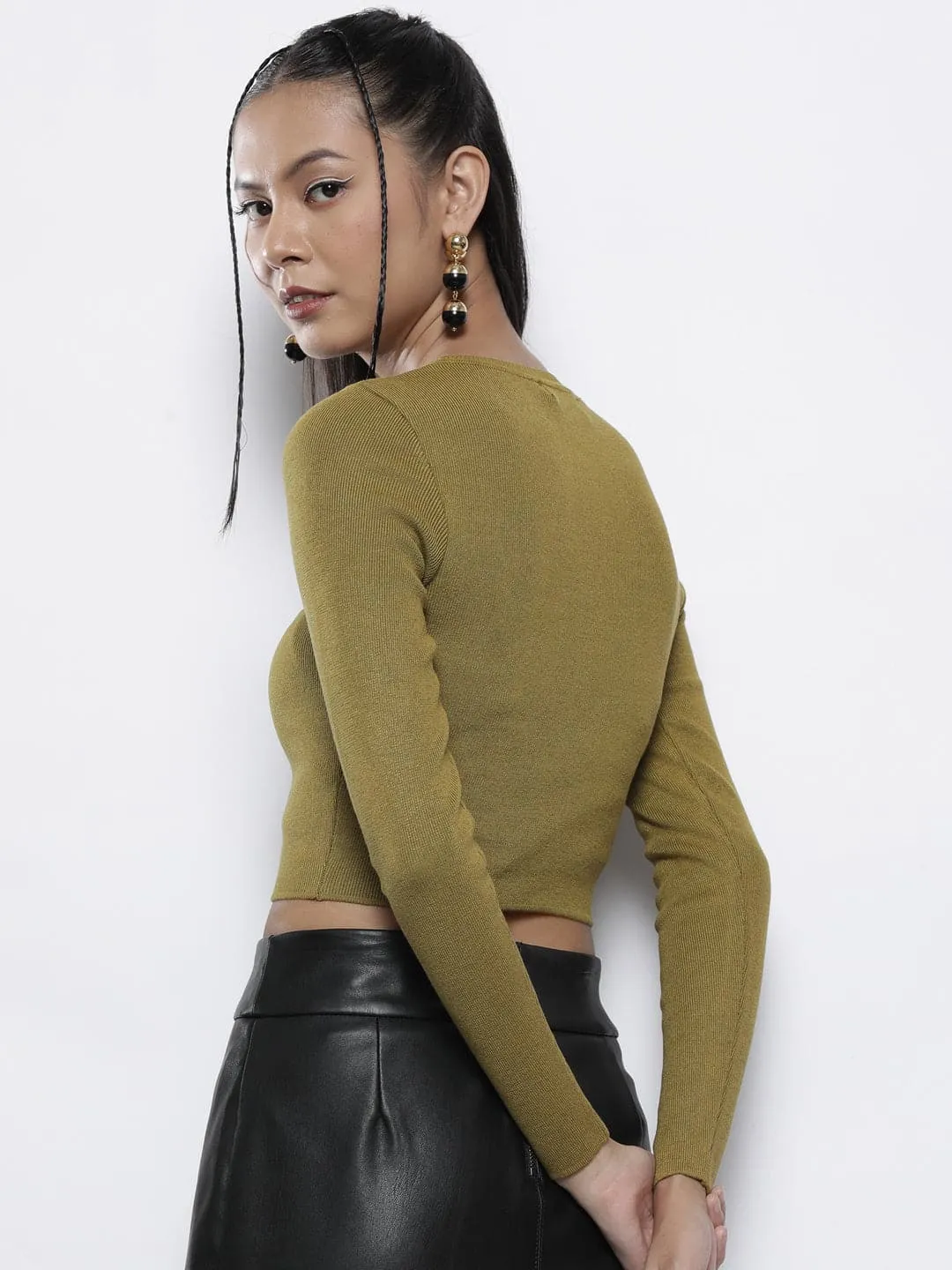 Women Olive Rib Round Neck Full Sleeves Crop Sweater