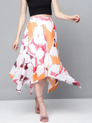 Women Orange Floral Asymmetric Midi Skirt