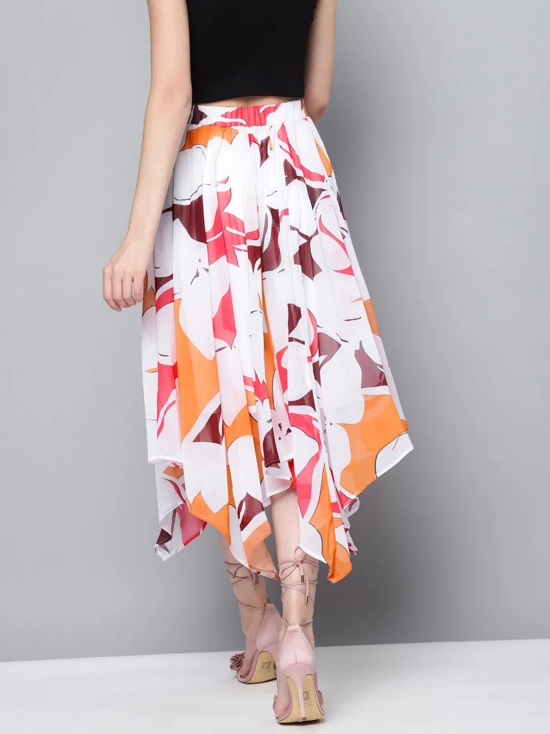 Women Orange Floral Asymmetric Midi Skirt