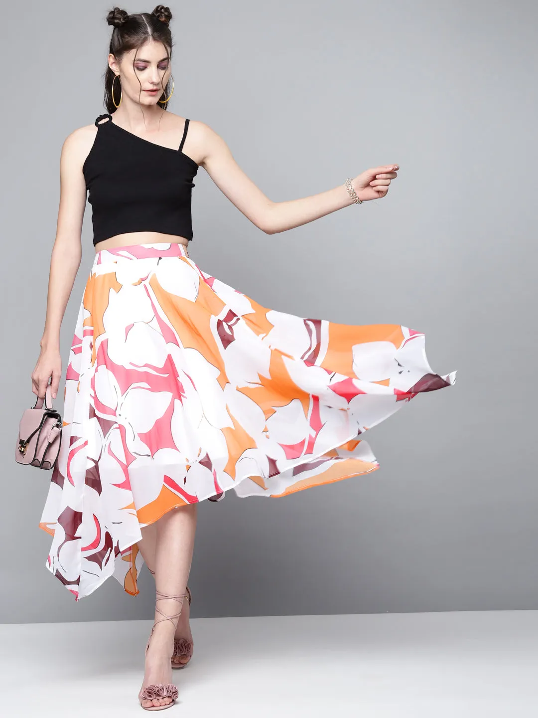 Women Orange Floral Asymmetric Midi Skirt