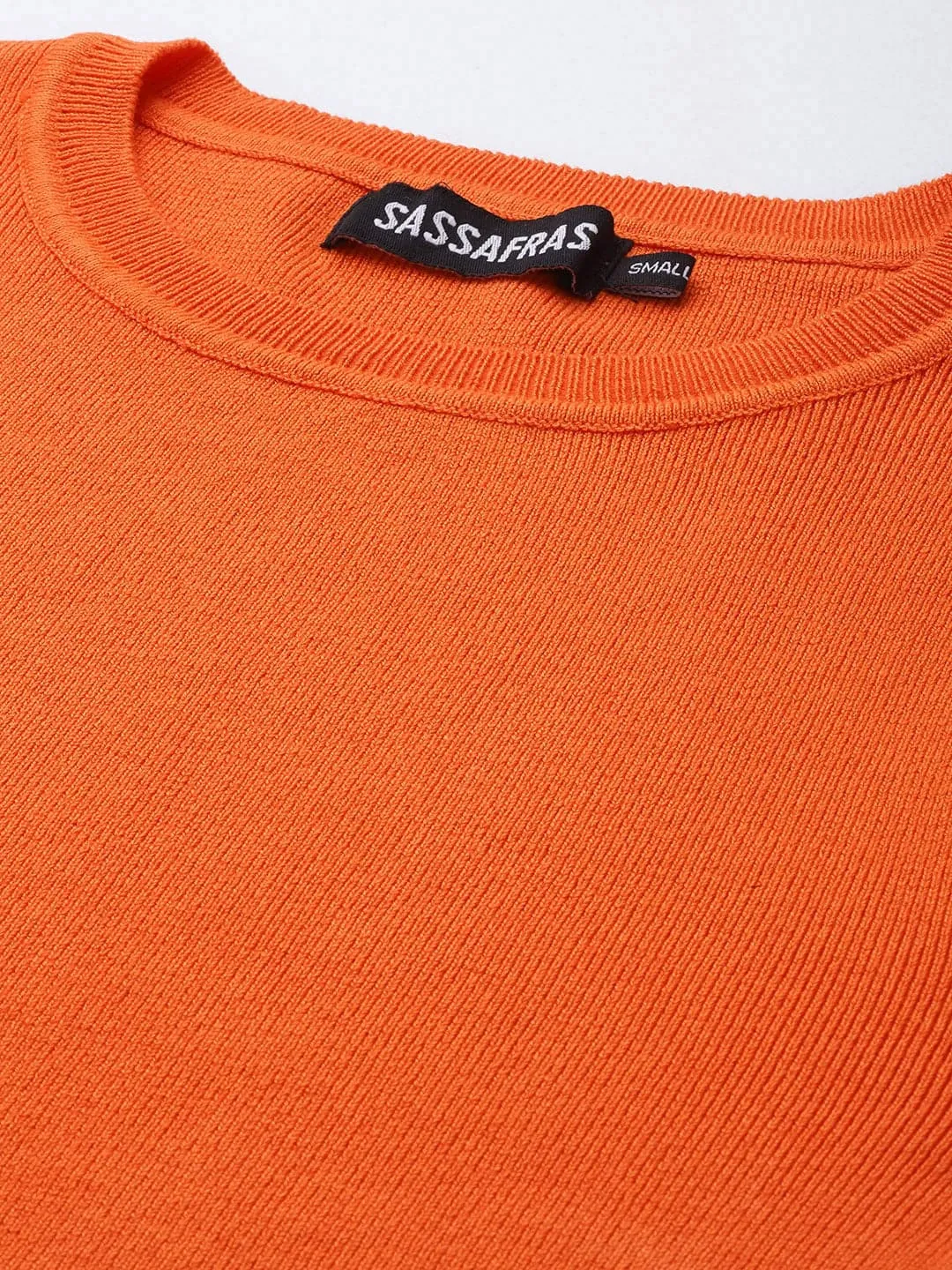 Women Orange Rib Round Neck Full Sleeves Crop Sweater