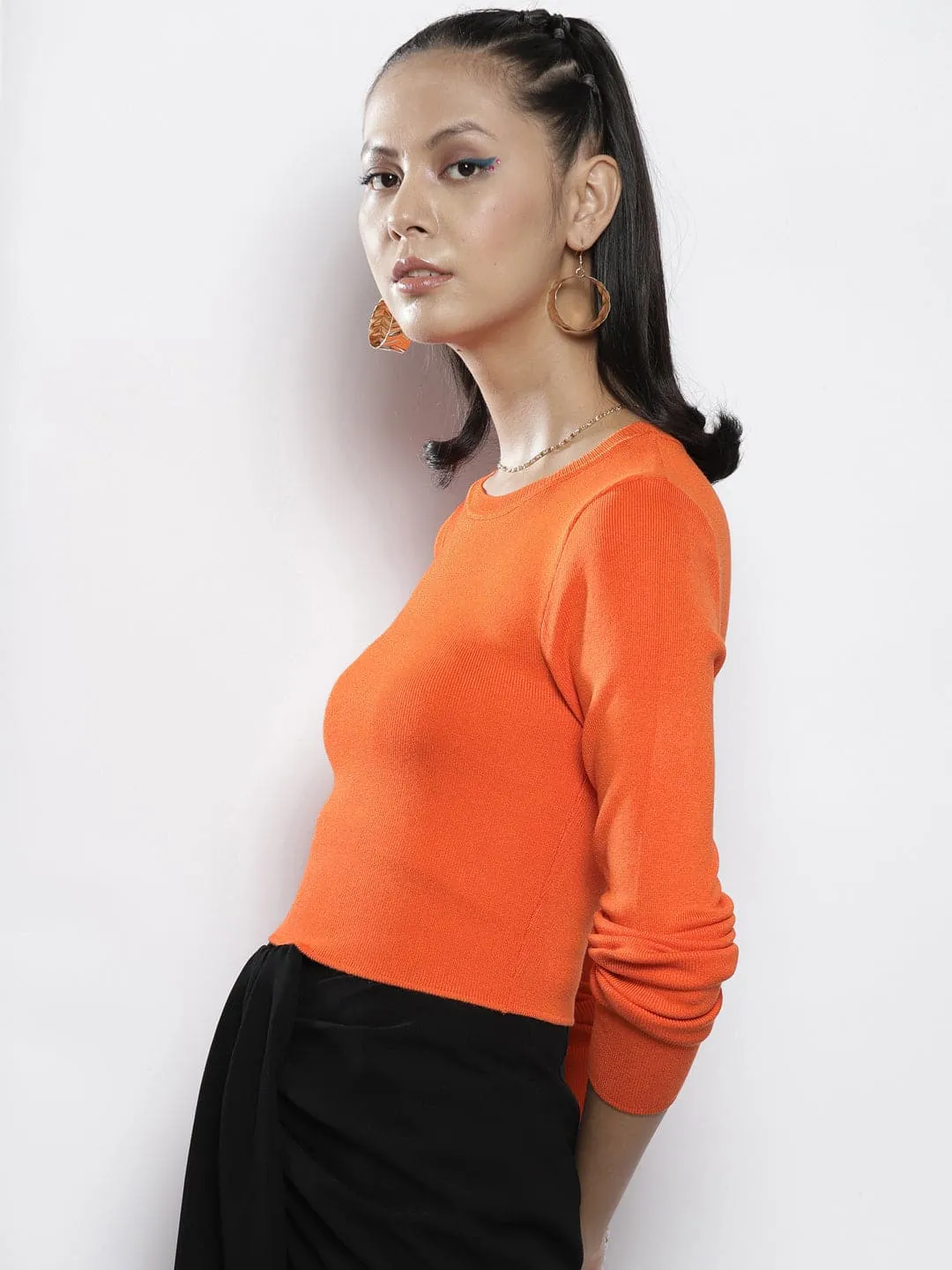 Women Orange Rib Round Neck Full Sleeves Crop Sweater