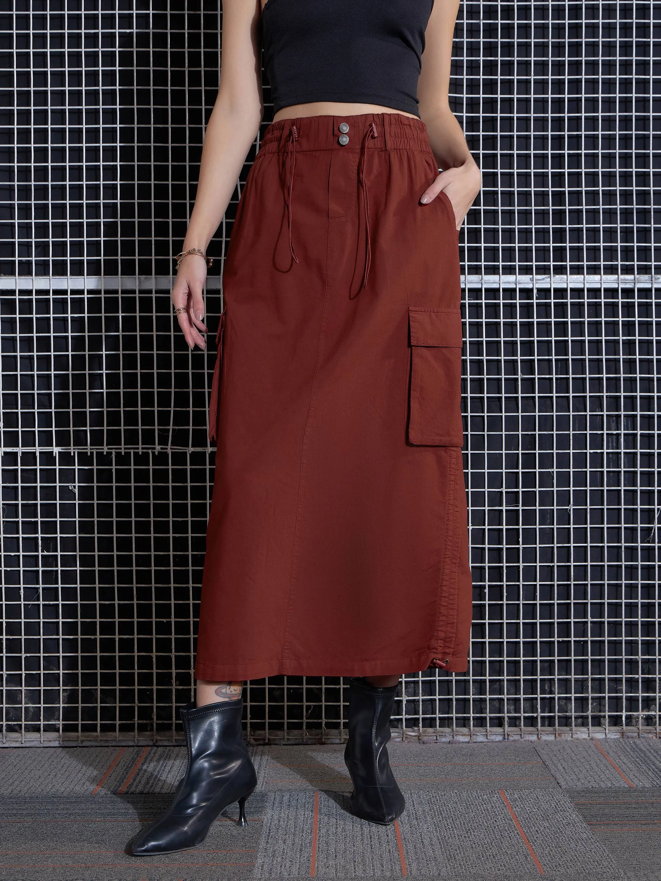 Women Rust Poplin Box Pocket Detail Midi Skirt