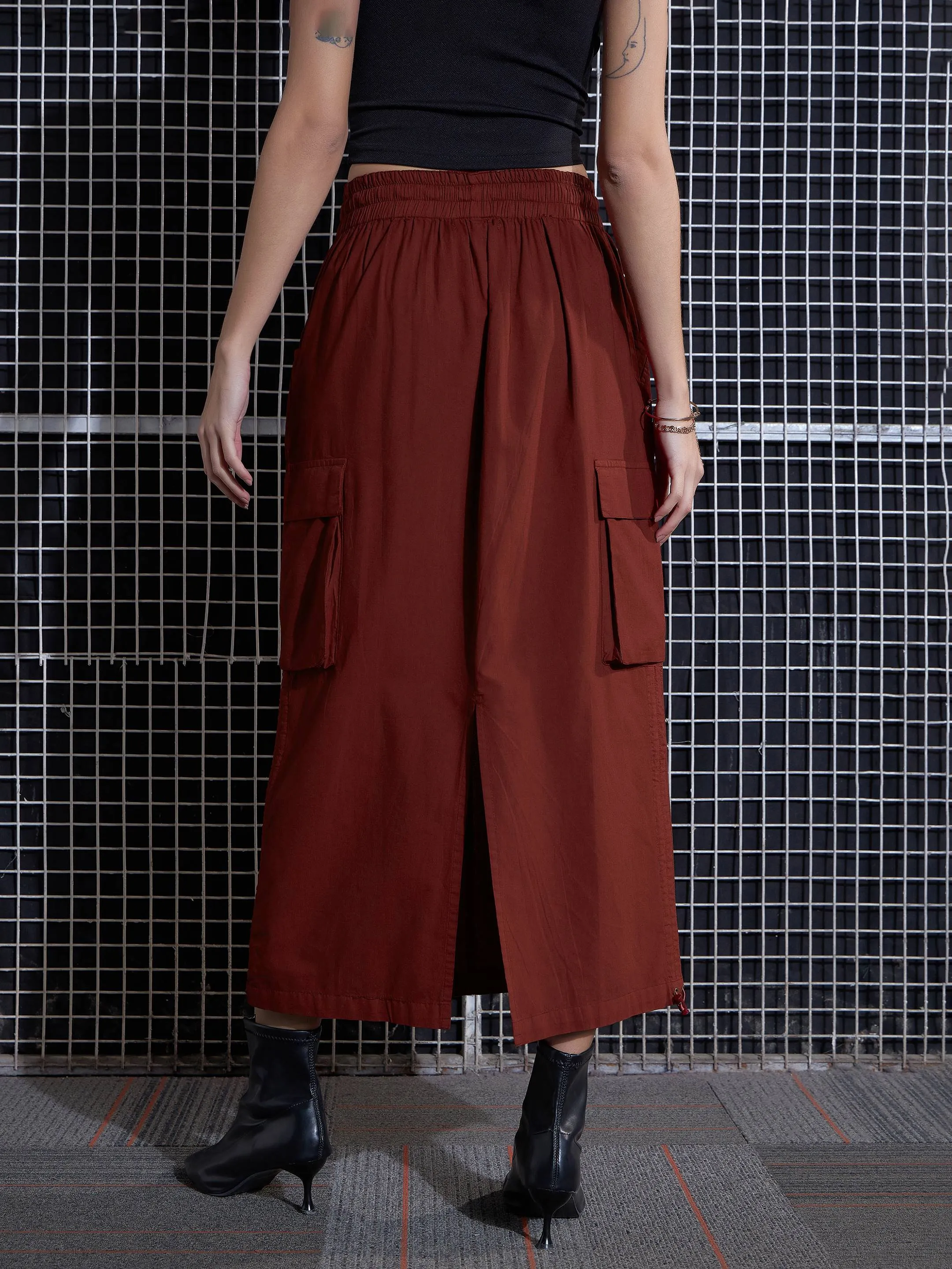 Women Rust Poplin Box Pocket Detail Midi Skirt