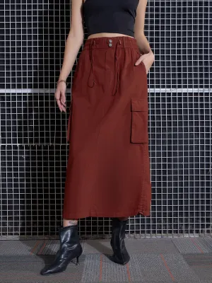 Women Rust Poplin Box Pocket Detail Midi Skirt